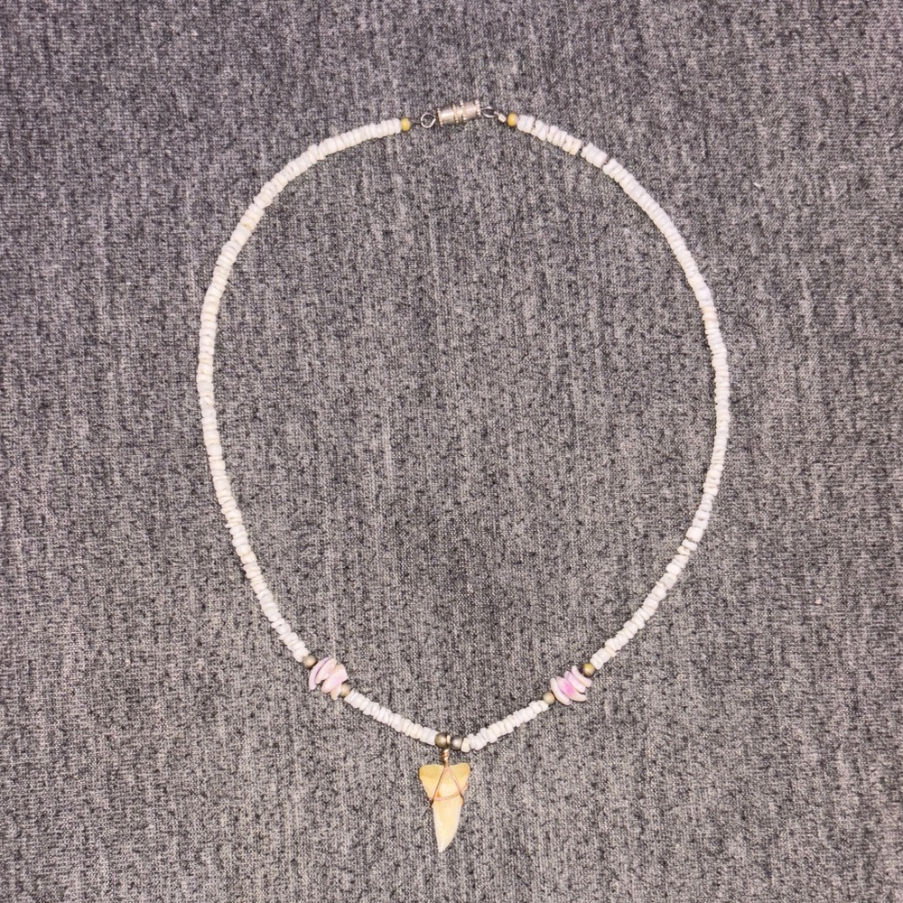 Elegant White and Gold Necklace with Shark Tooth.